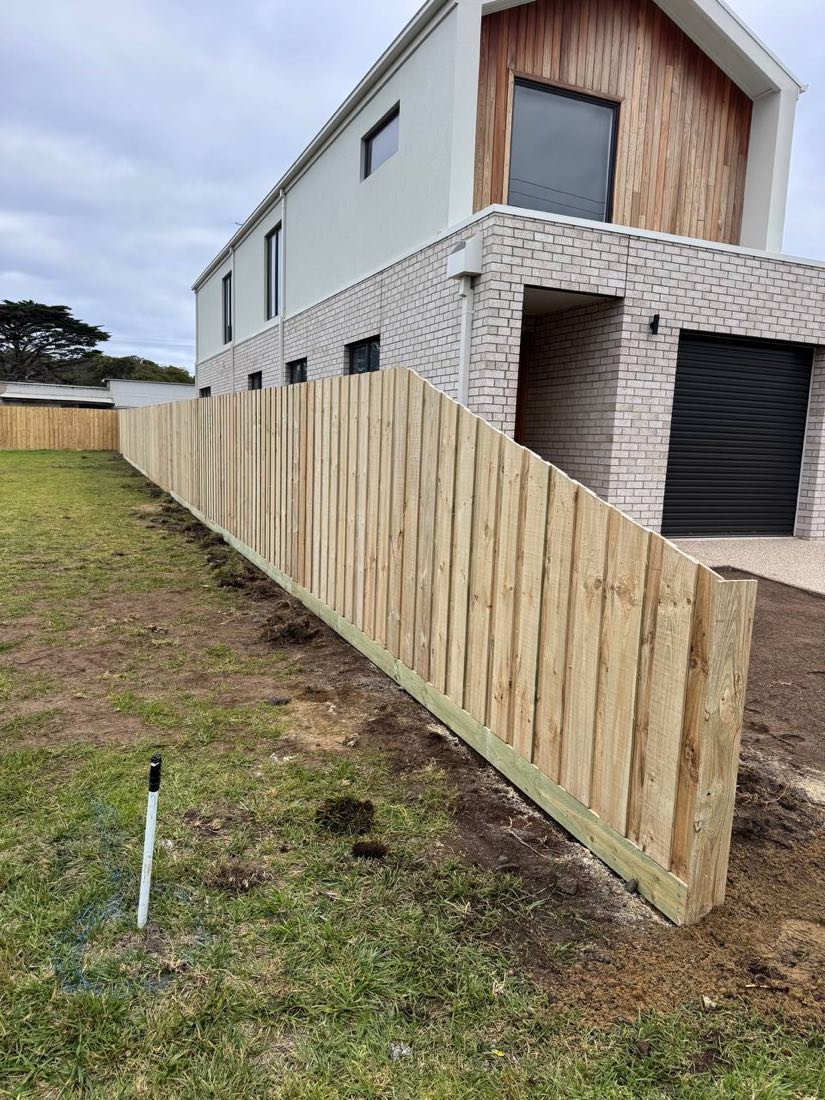 Galvanised steel-post and timber paling fence on a new-build townhouse block in Queenscliff